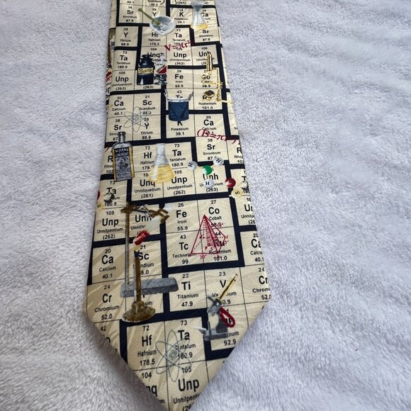 Museum Artifacts Periodic Table Science All Silk Hand Made Tie 29" Beige New $49 - Picture 1 of 4